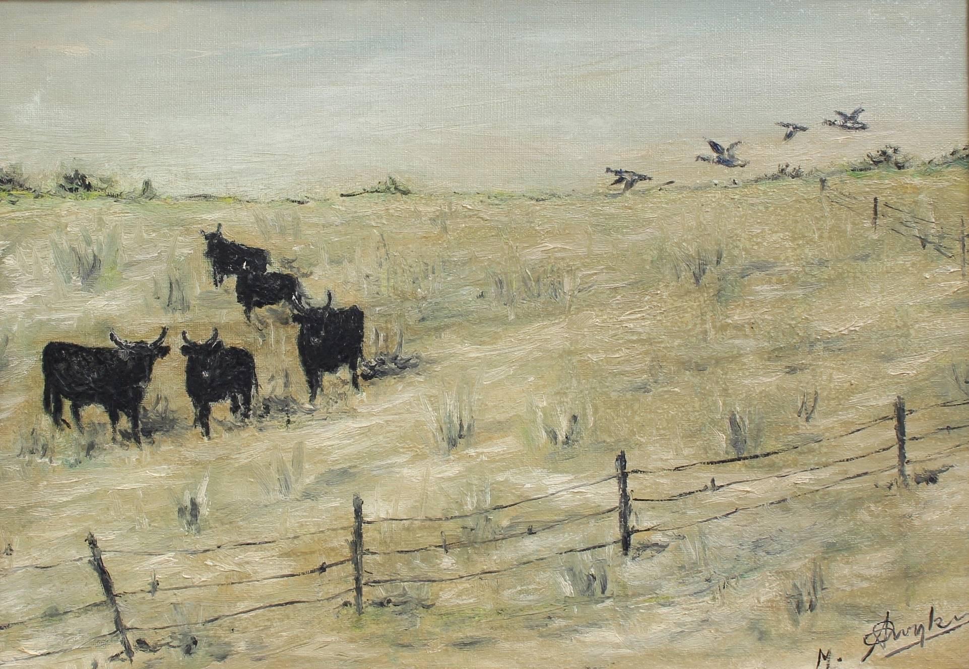'Grazing Bulls in the Camargue', oil on canvas (circa 1950s), by M. Arvanitakis. Discovered in Provence, this is a bucolic landscape depicting grazing bulls in the Carmargue region of the South of France. The Carmargue is extremely exotic, with tall
