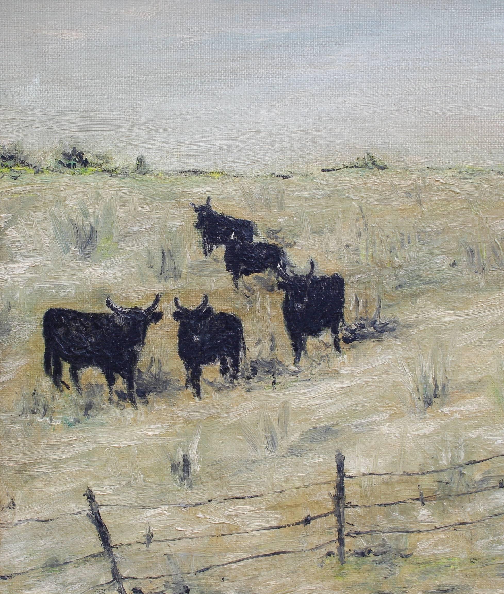 'Grazing Bulls in the Camargue' by M. Arvanitakis, Mid-Century Oil Landscape  3