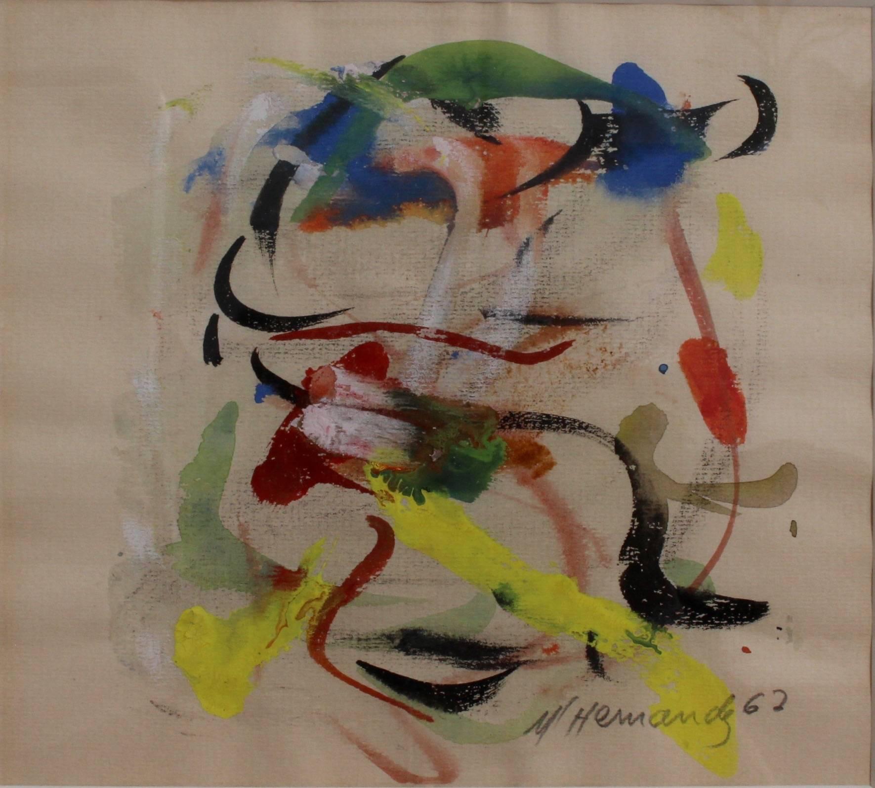 Watercolour on fine paper by M. Hernandez. This abstract triptych consists of paintings that span the years 1961 - 1963 neatly mounted in original frame with new glass. The abstract work creates a whirlwind of colour, symmetry and movement. There is