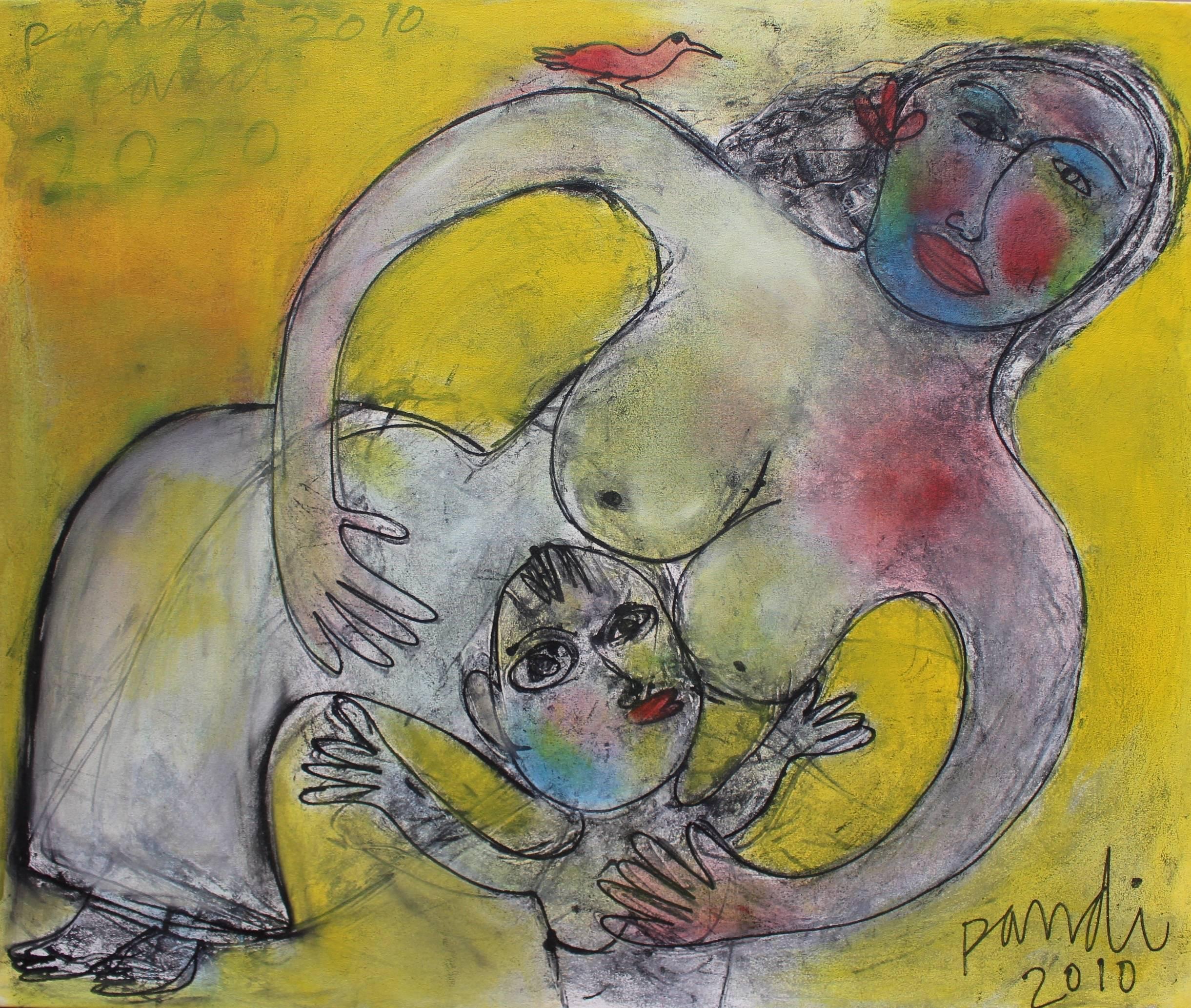Mother with Child - Brown Abstract Painting by Pandi