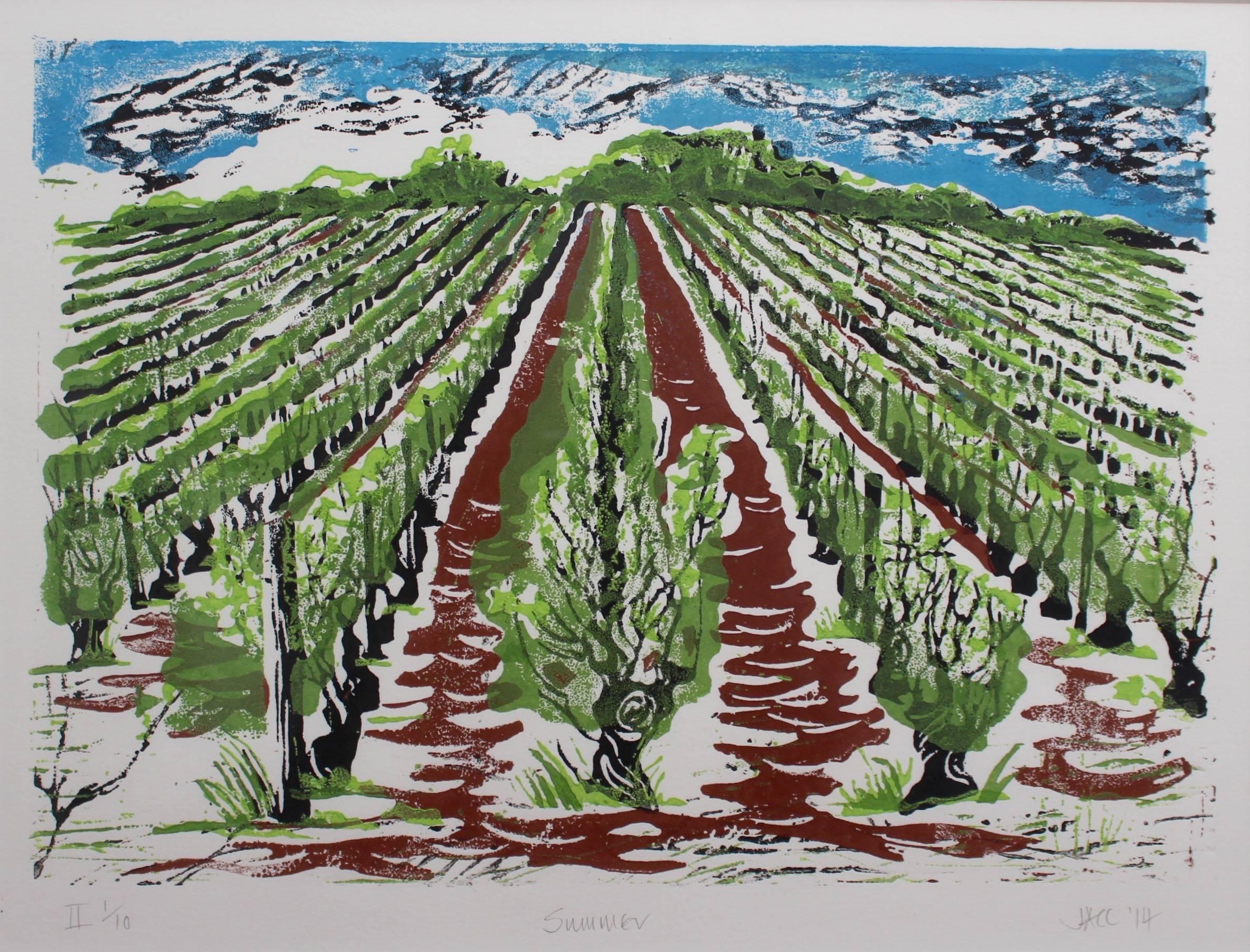 Four seasonal views of a Burgundian vineyard form this wine lover's set of limited linocut prints by American artist and ceramicist Jonquil Cook. A line of hilltop trees overlooks a vineyard near the village of Cruzille in the Côtes Maconnaise of