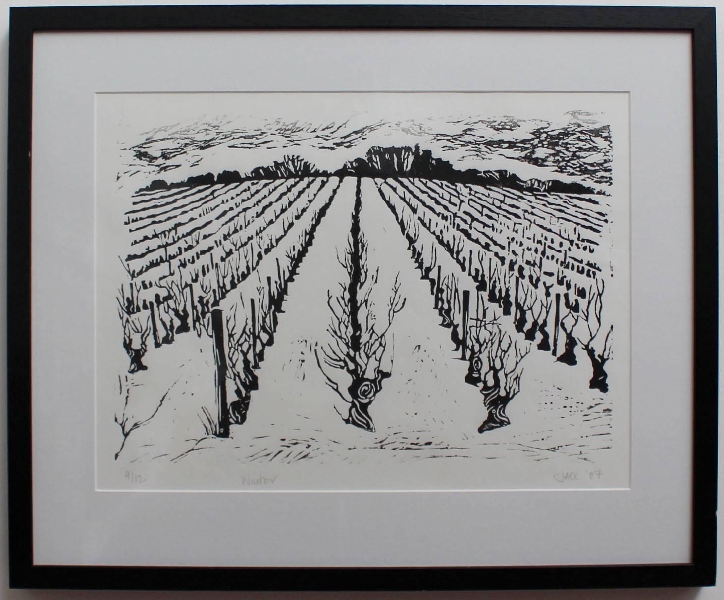 Set of Four Burgundy Vineyard Seasonal Views - Gray Landscape Print by Jonquil Cook 