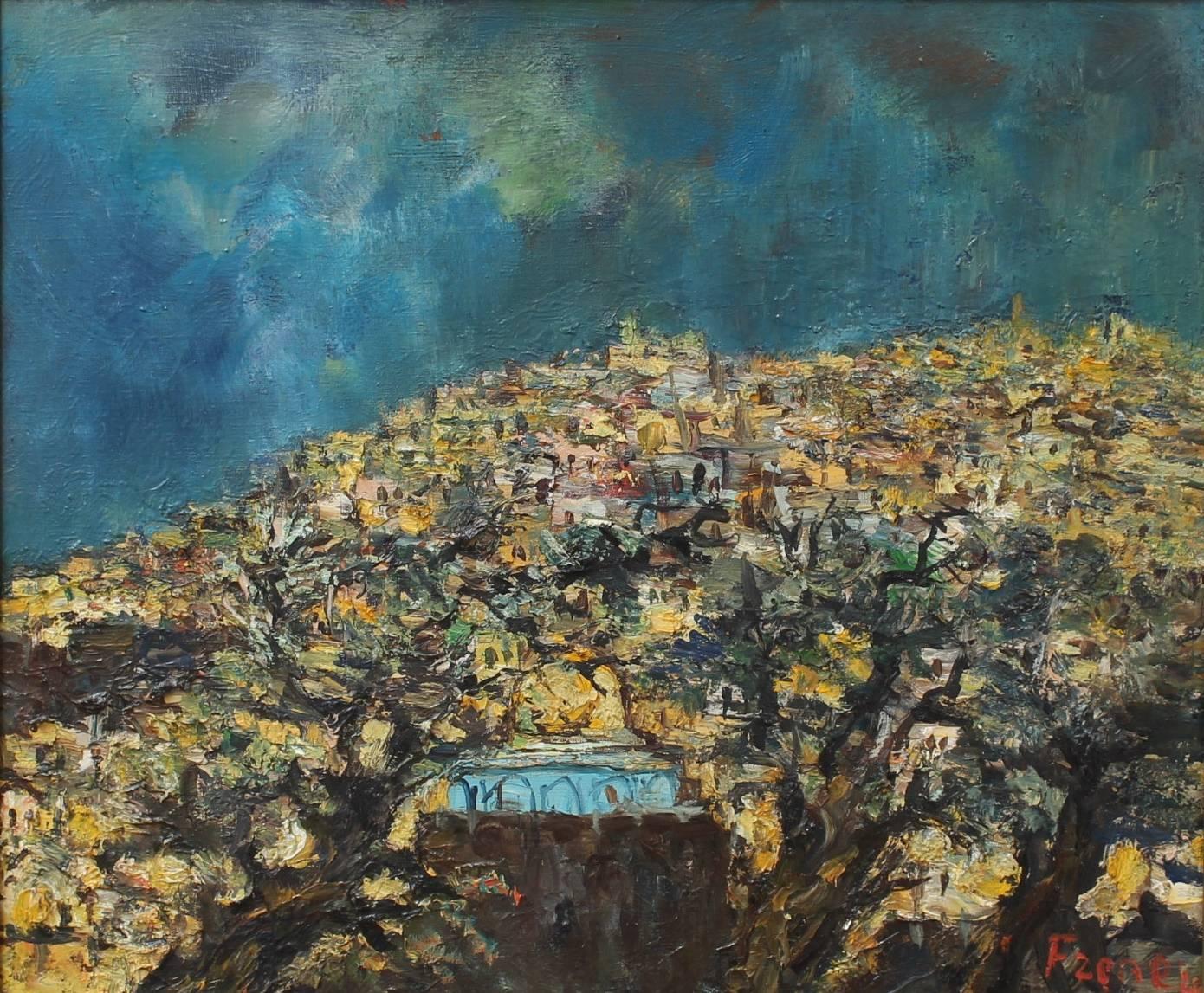 'Jerusalem', (c. 1960s) oil on canvas, by Yitzhak Frenkel-Frenel (1899 - 1981). Frenel frequently painted the ancient synagogues, narrow lanes, surrounding countryside and local inhabitants where he lived. In this work the viewer glimpses the Dome
