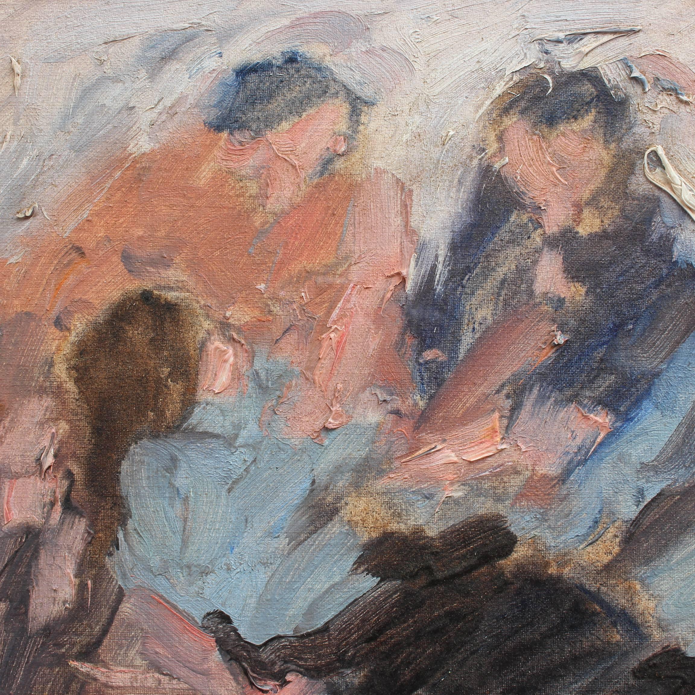 'The Birth' oil on board, by Italian artist G. Ciacci (1965). This image seems to depict the birth of Jesus. Two figures stand over the new mother with holy baby in this expressionist painting. There are bold, painterly strokes in blues, white,