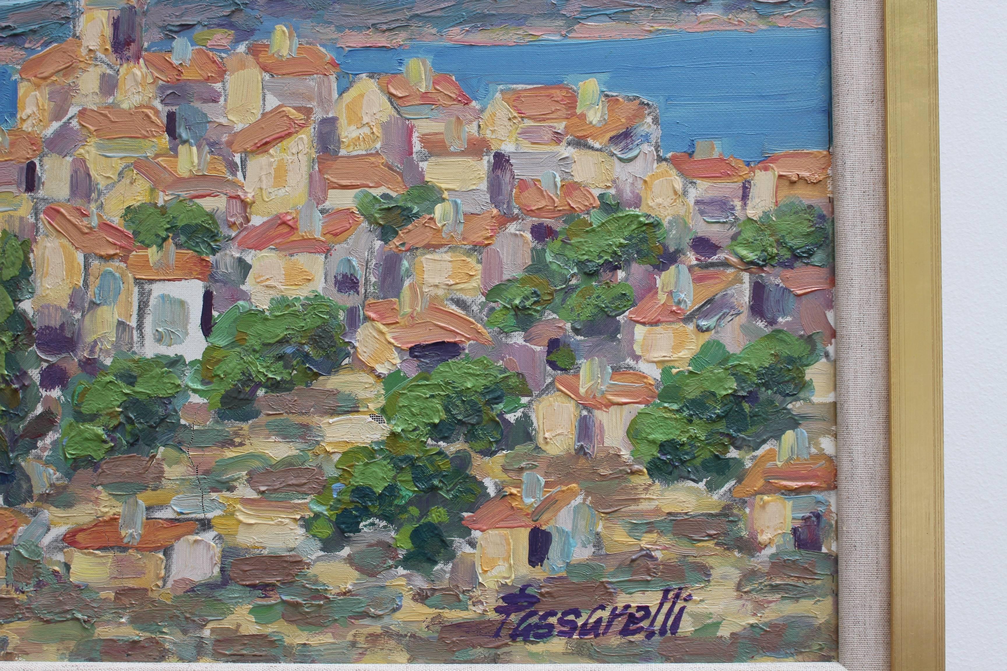Mario Passarelli (né en 1930):: peintre impressionniste né en Provence dans le sud de la France et appartenant au groupe des peintres faisant référence à l'« École Franaise ». 

Cette joyeuse œuvre d'art représente les sommets du village de