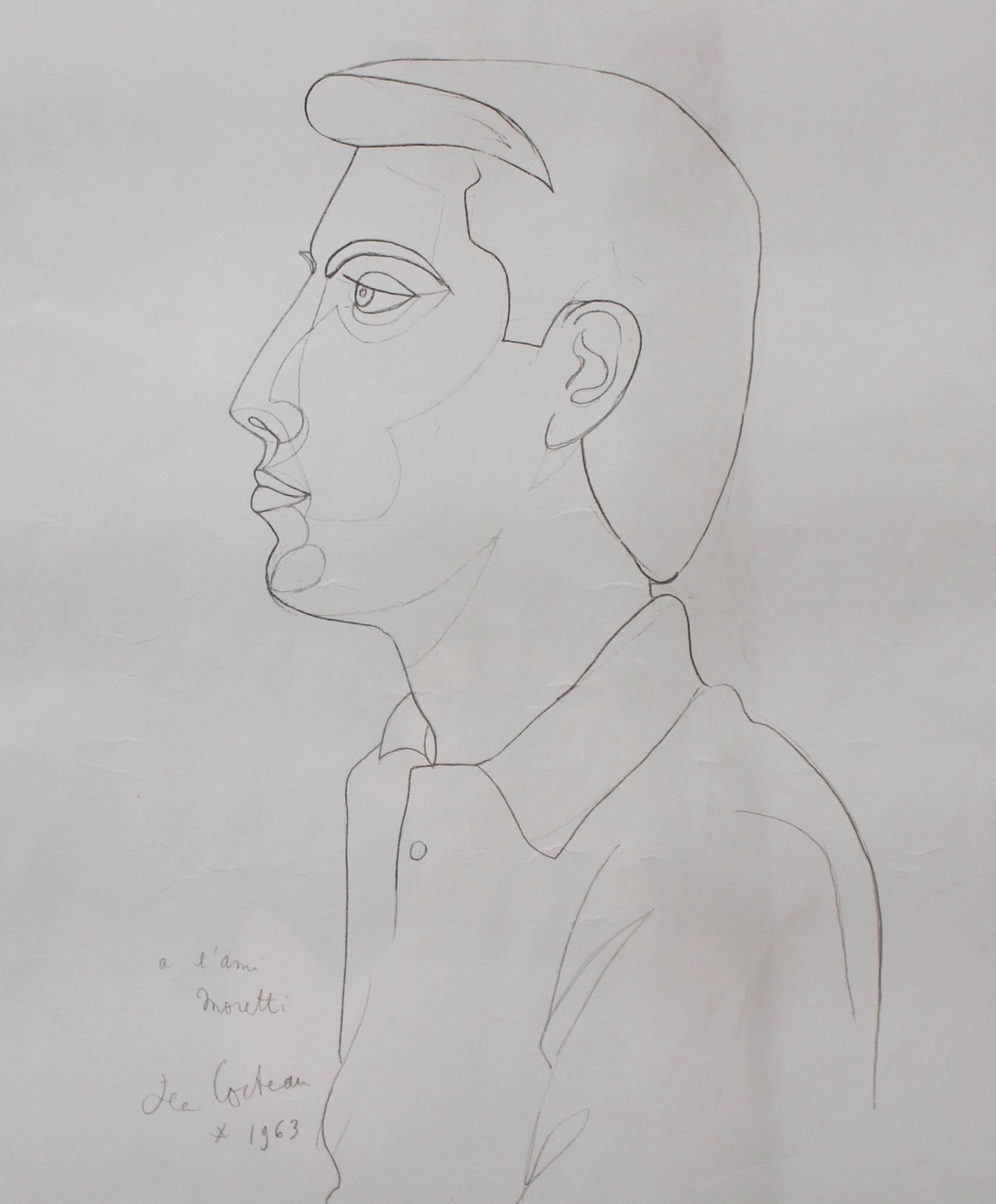 Original lithograph of a drawing of French artist and sculptor, Raymond Moretti (1931 - 2005) by Jean Cocteau (1889 - 1963). Cocteau and Moretti collaborated on several art works and this drawing by Cocteau is an homage to their friendship. This is