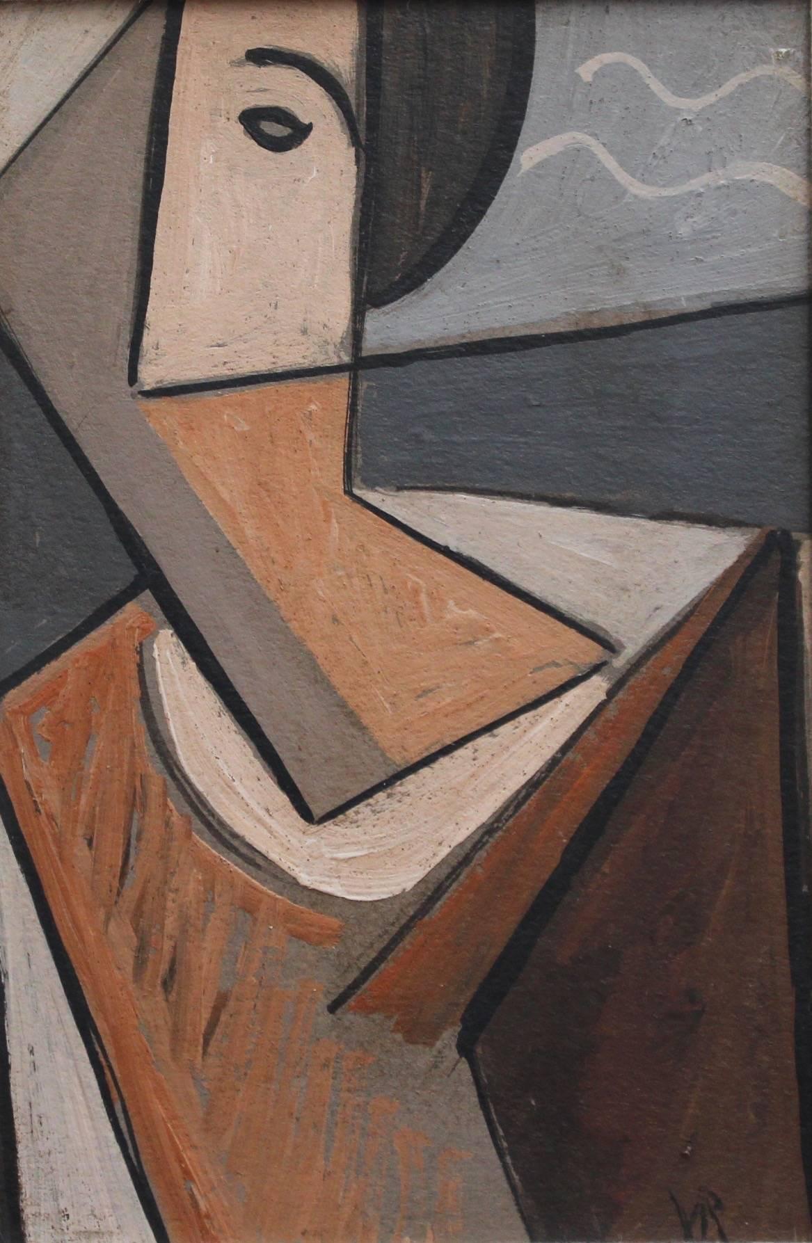 Unknown Figurative Painting - 'Portrait of a Young Man' by VR, Mid-Century Modern Cubist Oil Painting, Berlin