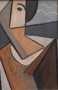 'Portrait of a Young Man' by VR, Mid-Century Modern Cubist Oil Painting, Berlin