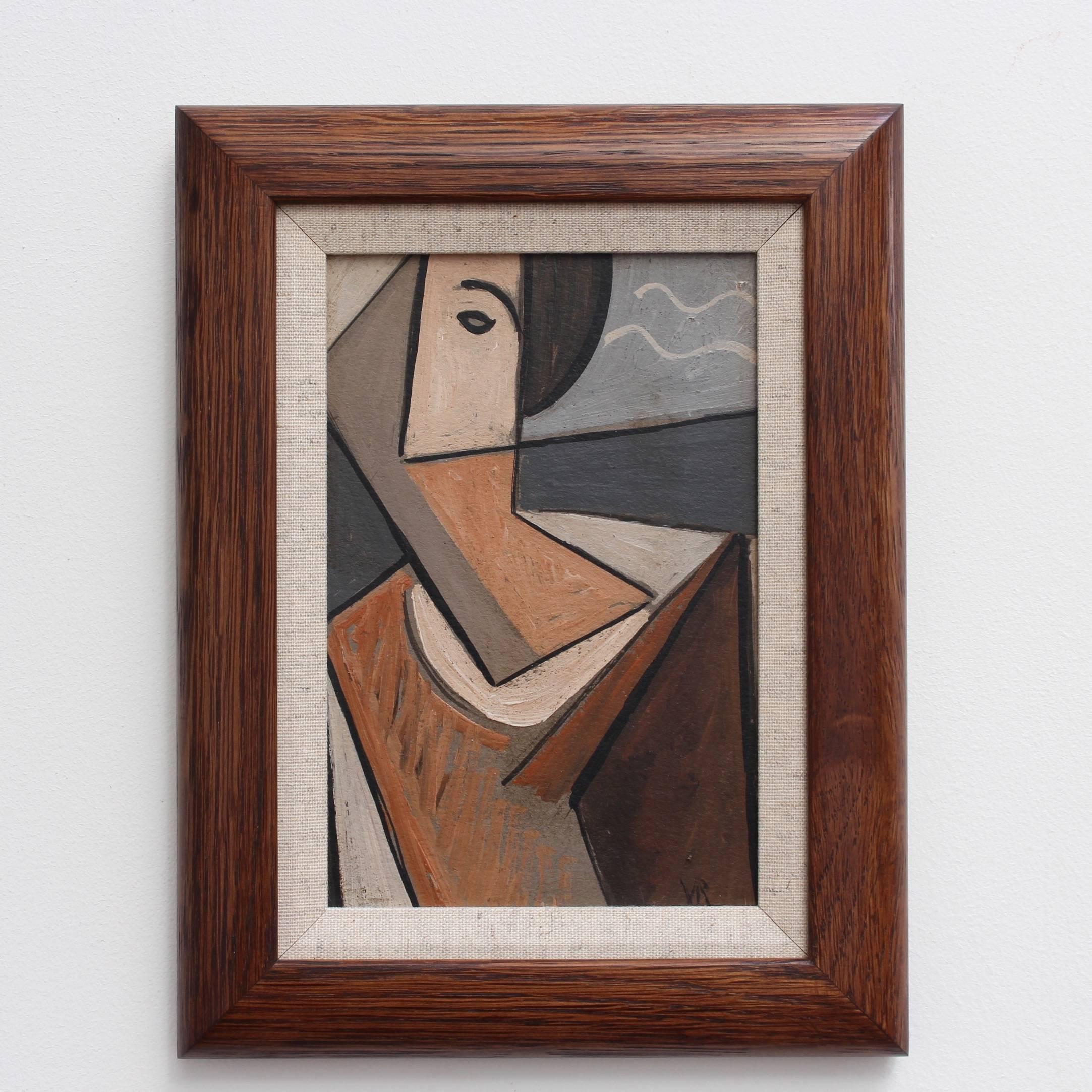 'Portrait of a Young Man', oil on board, by V.R. (Circa 1940s -1960s). A cubist depiction of a handsome young man by the sea. From the 'School of Berlin', this piece is most certainly inspired by Picasso and the cubists from the pre and post-war