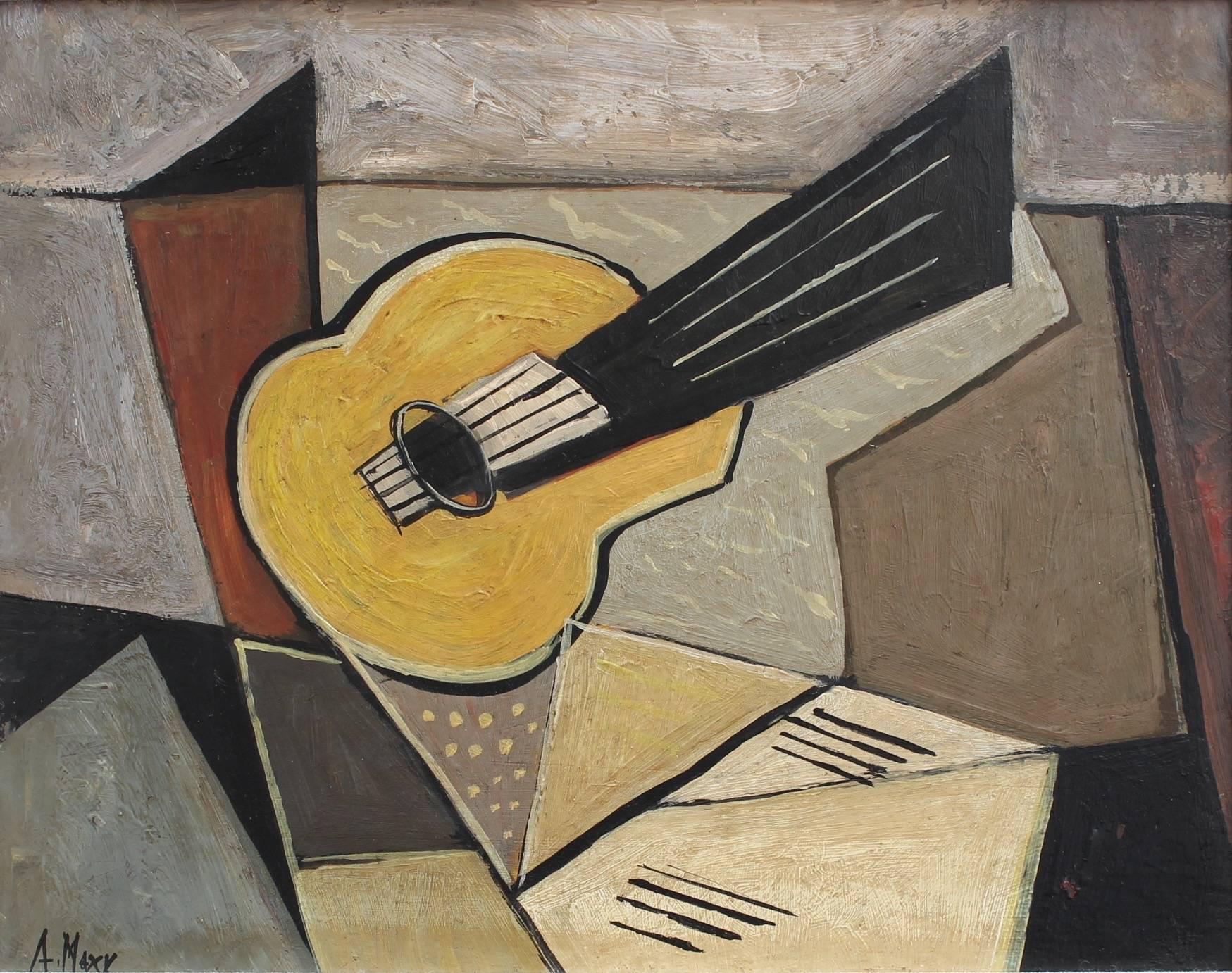 A. Maxy Abstract Painting - 'Musical Geometry' by A Maxy, Mid-Century Modern Cubist Oil Painting, Berlin
