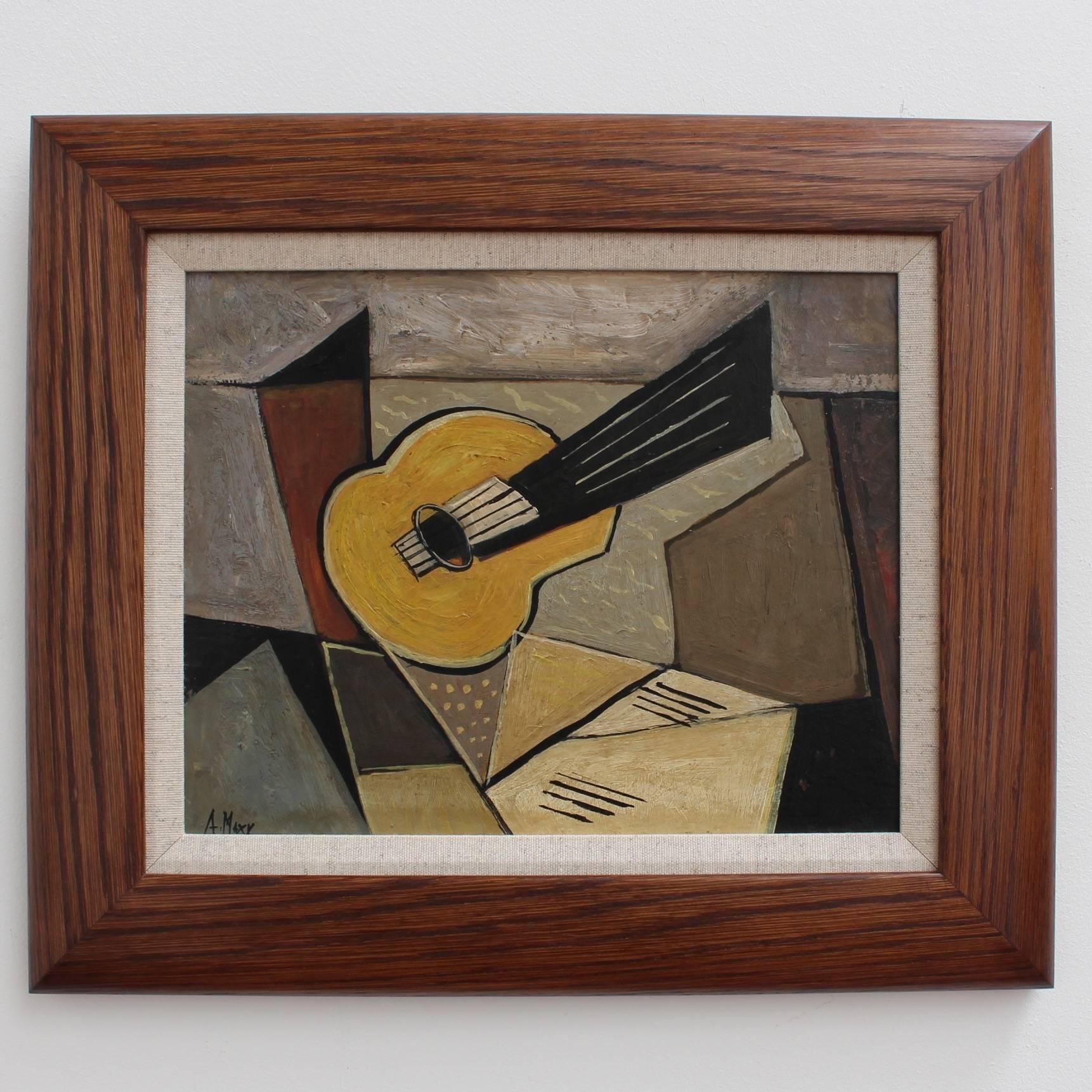 'Musical Geometry', oil on board, still-life, by A. Maxy (circa 1940s - 1960s). Geometric shapes and lines delineate a classical guitar in yellow and black in this post-war artwork. Inspiration surely came from Georges Braque. From the 'Berlin