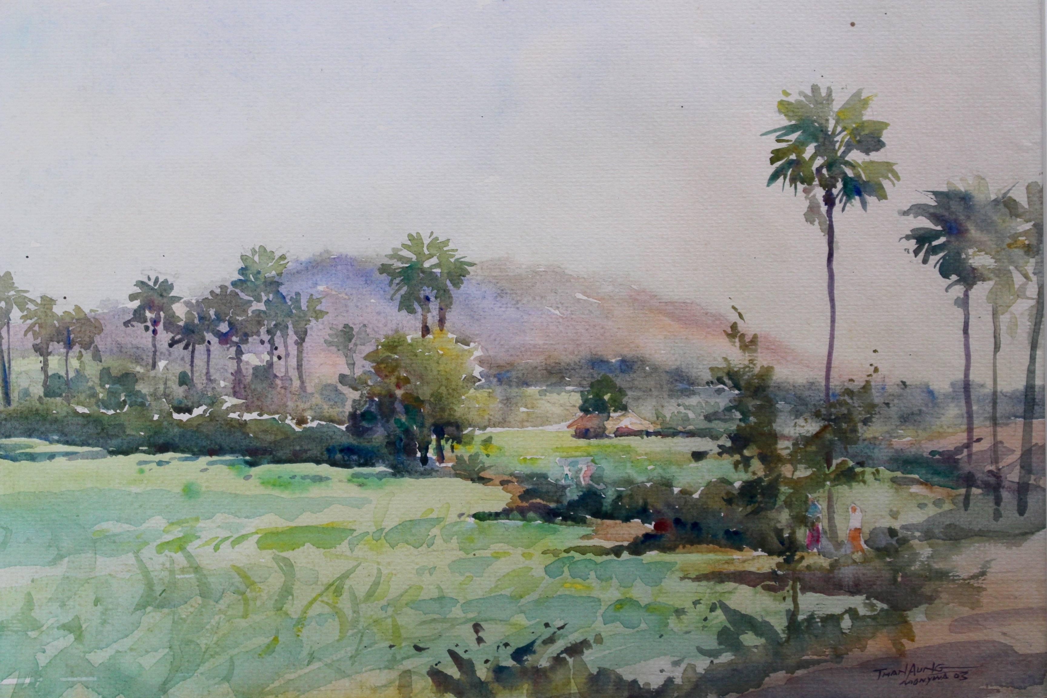 'Monywa II', watercolour on paper, (2003) by Burmese artist, Than Aung. Monywa is a region in Burma-Myanmar on the east bank of the River Chindwin. This is a delicate depiction of an idyllic rural scene which complements the other piece by the same