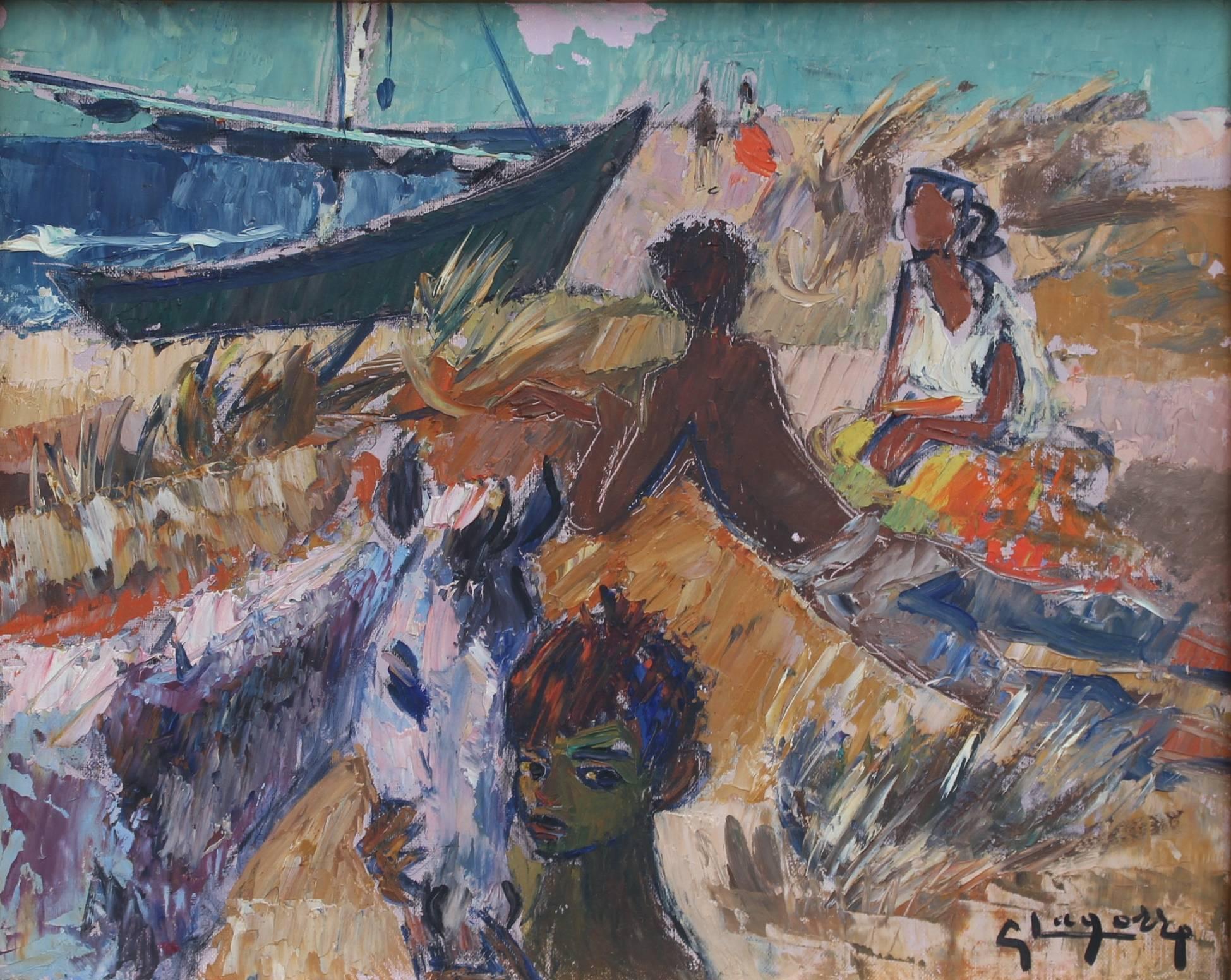 René Gaston Lagorre Landscape Painting - 'Gitans sur la Plage (Gypsies on the Beach)' by Gaston Lagorre, 1958 