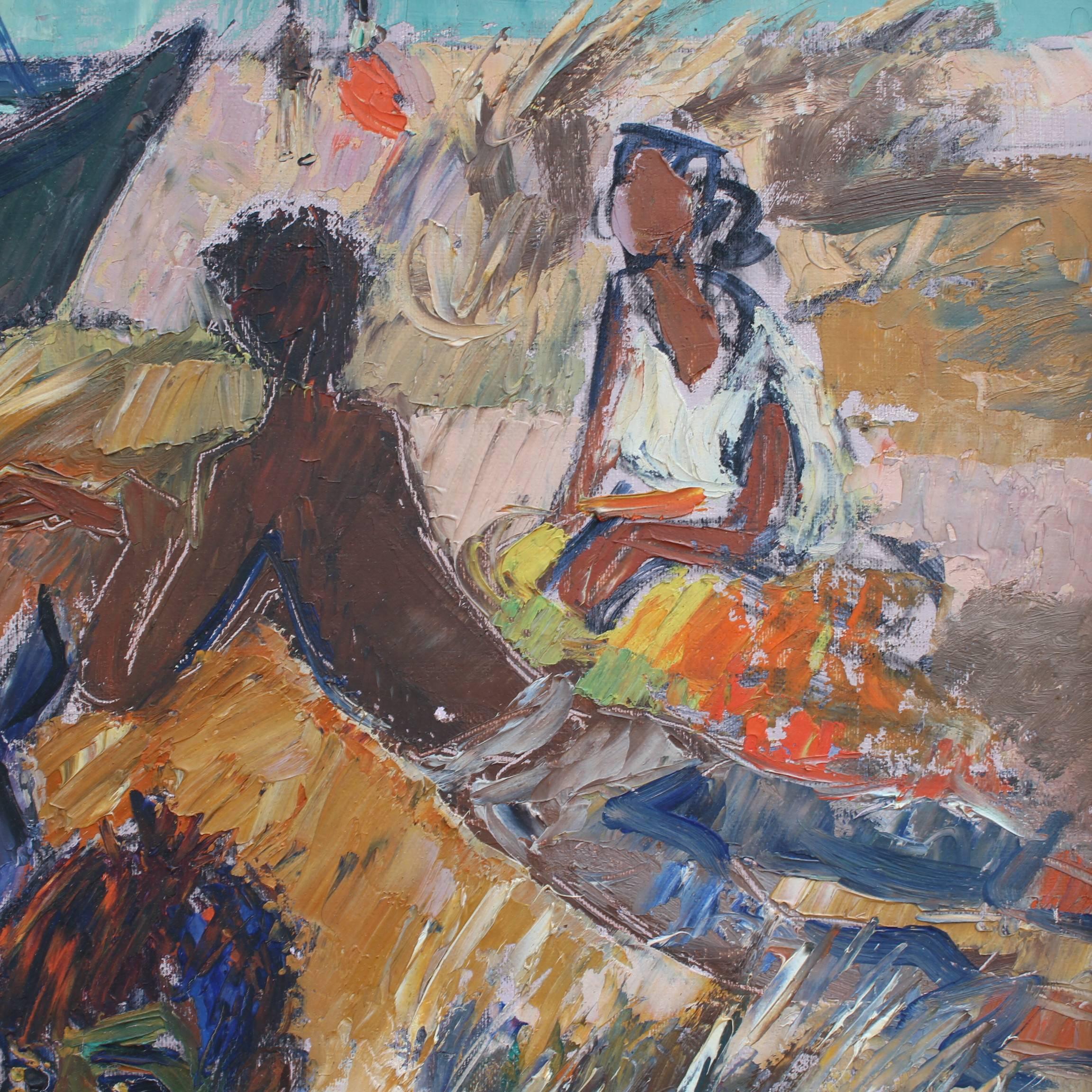 'Gitans sur la Plage (Gypsies on the Beach)' by Gaston Lagorre, 1958  - Gray Landscape Painting by René Gaston Lagorre
