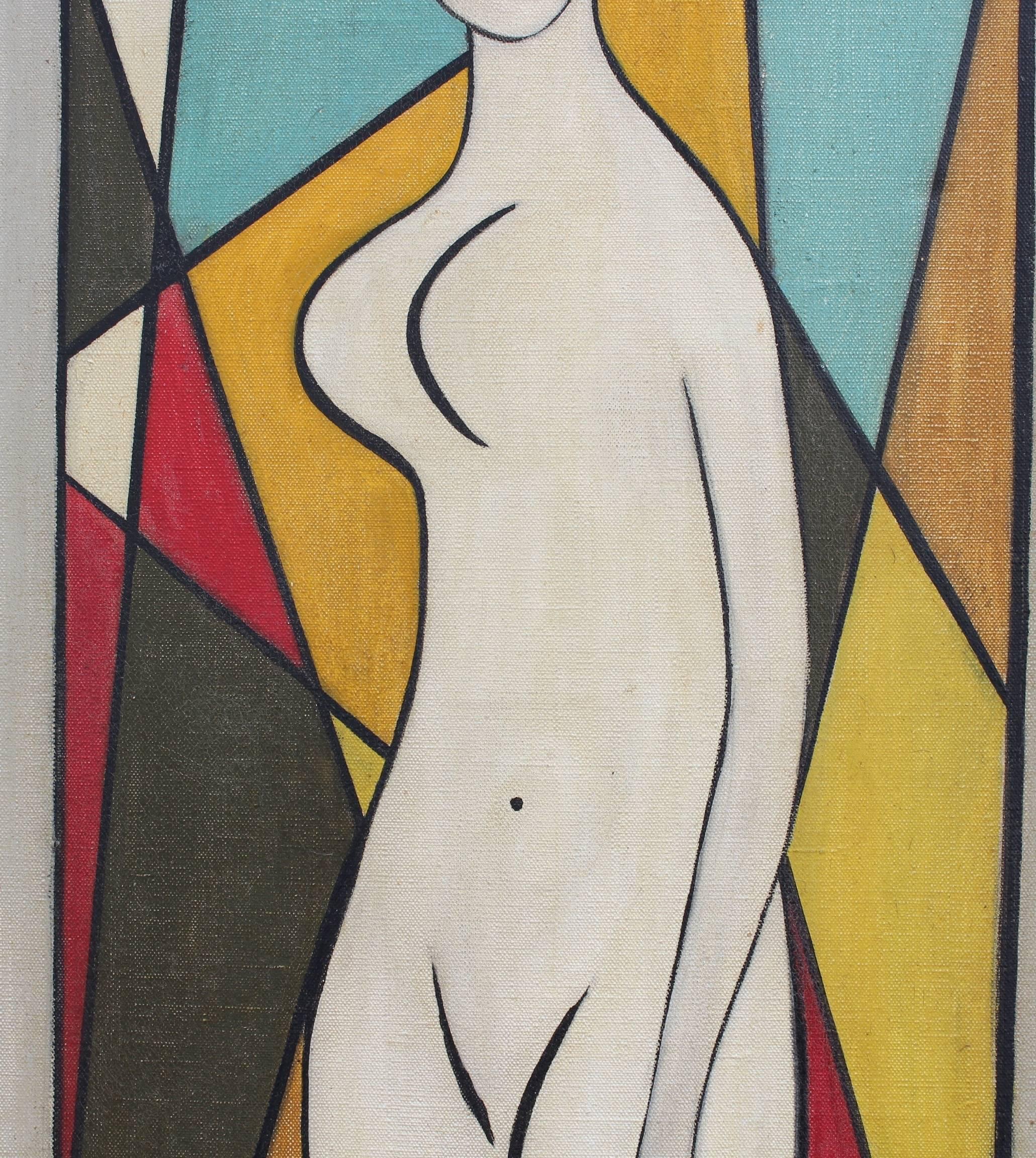 'Standing Nude', oil on canvas (circa 1960s), by Edgar Stoëbel (1909 - 2001). In his inimitable style, artist Stoëbel's image of a standing woman is a lively and colourful modernist work. The image has a pop art quality to it and was created just as