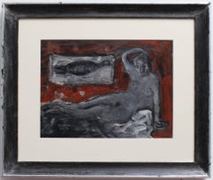 'Reclining Nude with Fish' by Richard Mandin, Midcentury Abstract Oil Painting