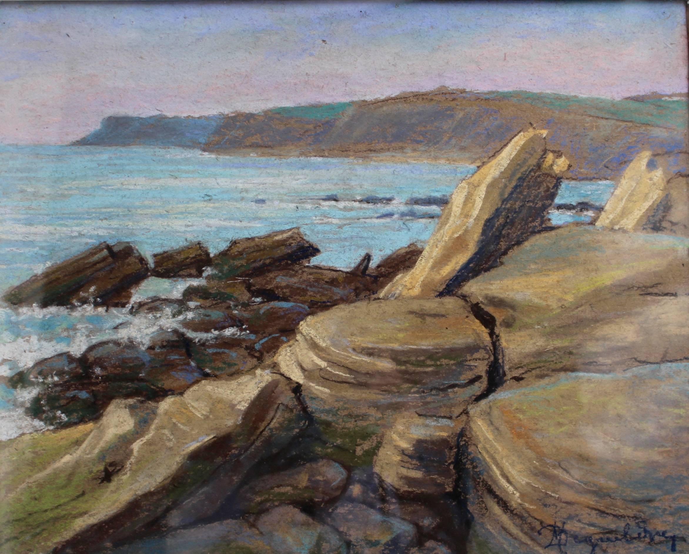 Rocky Shore Audresselles, France - Gray Landscape Painting by Marcel Degueldre