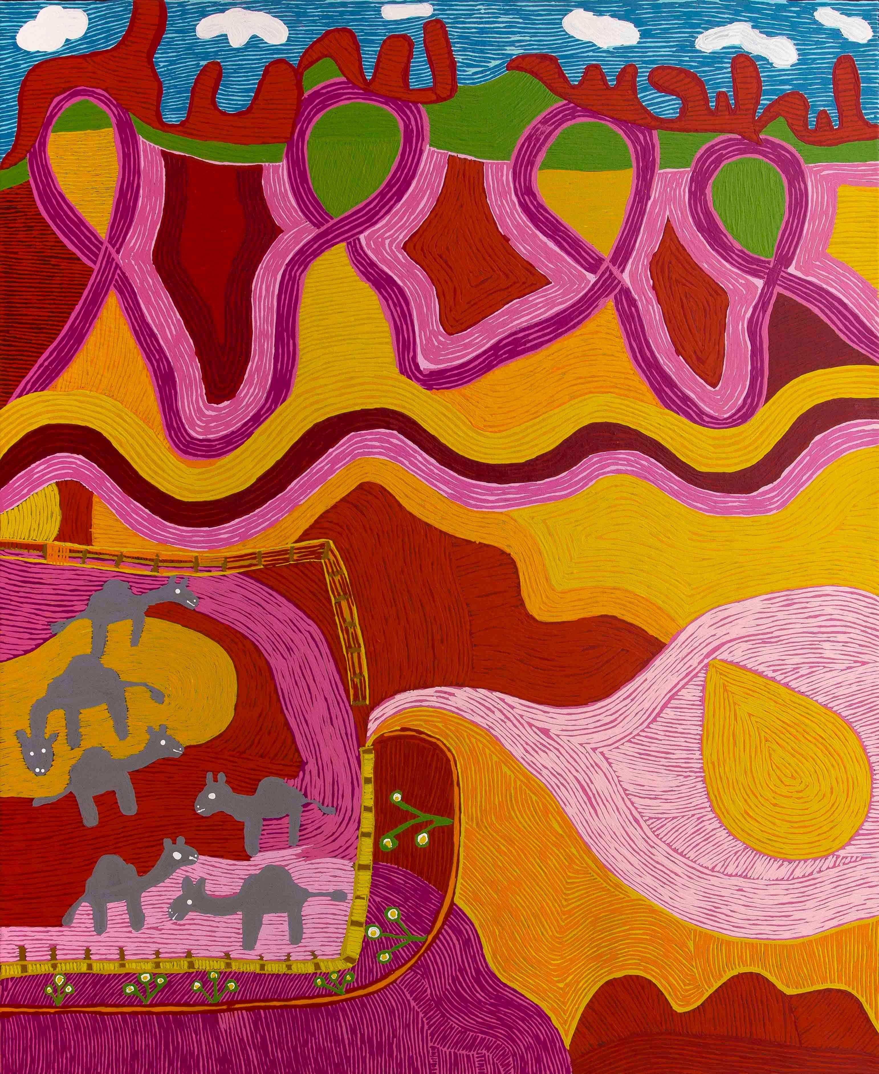 Niningka Munkuri Lewis Abstract Painting - Australian Aboriginal art by Niningka Lewis.