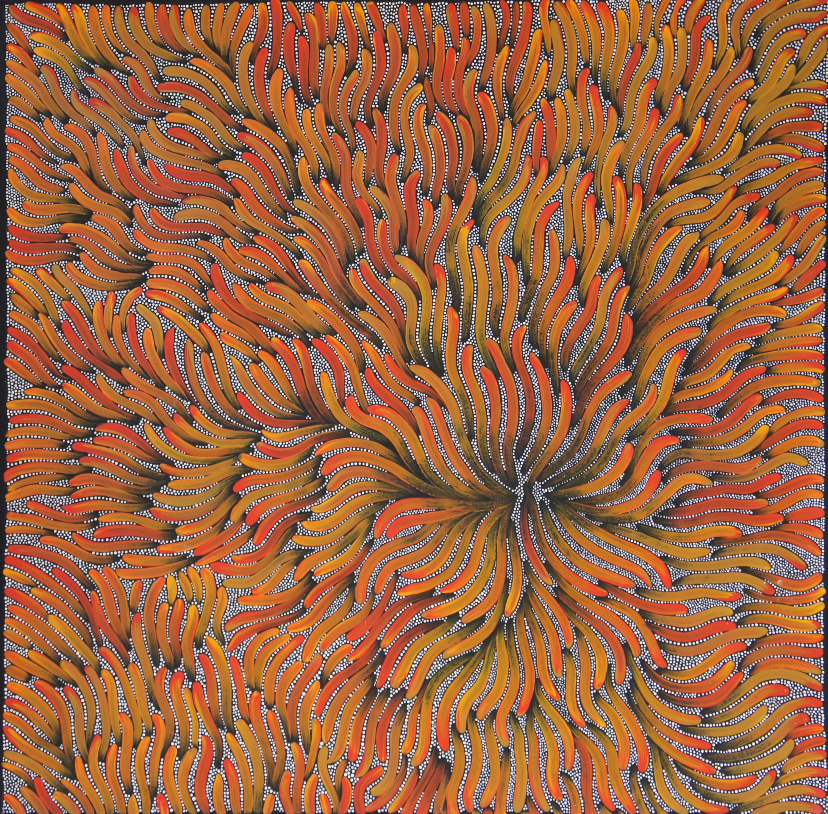 Brenita Pumani's painting 'Pretty Flowers' reminds her of the trips out to the bush she would take with her mother whilst growing up. They would go out gathering food, and after the big rains the flowers would be everywhere.

All works from