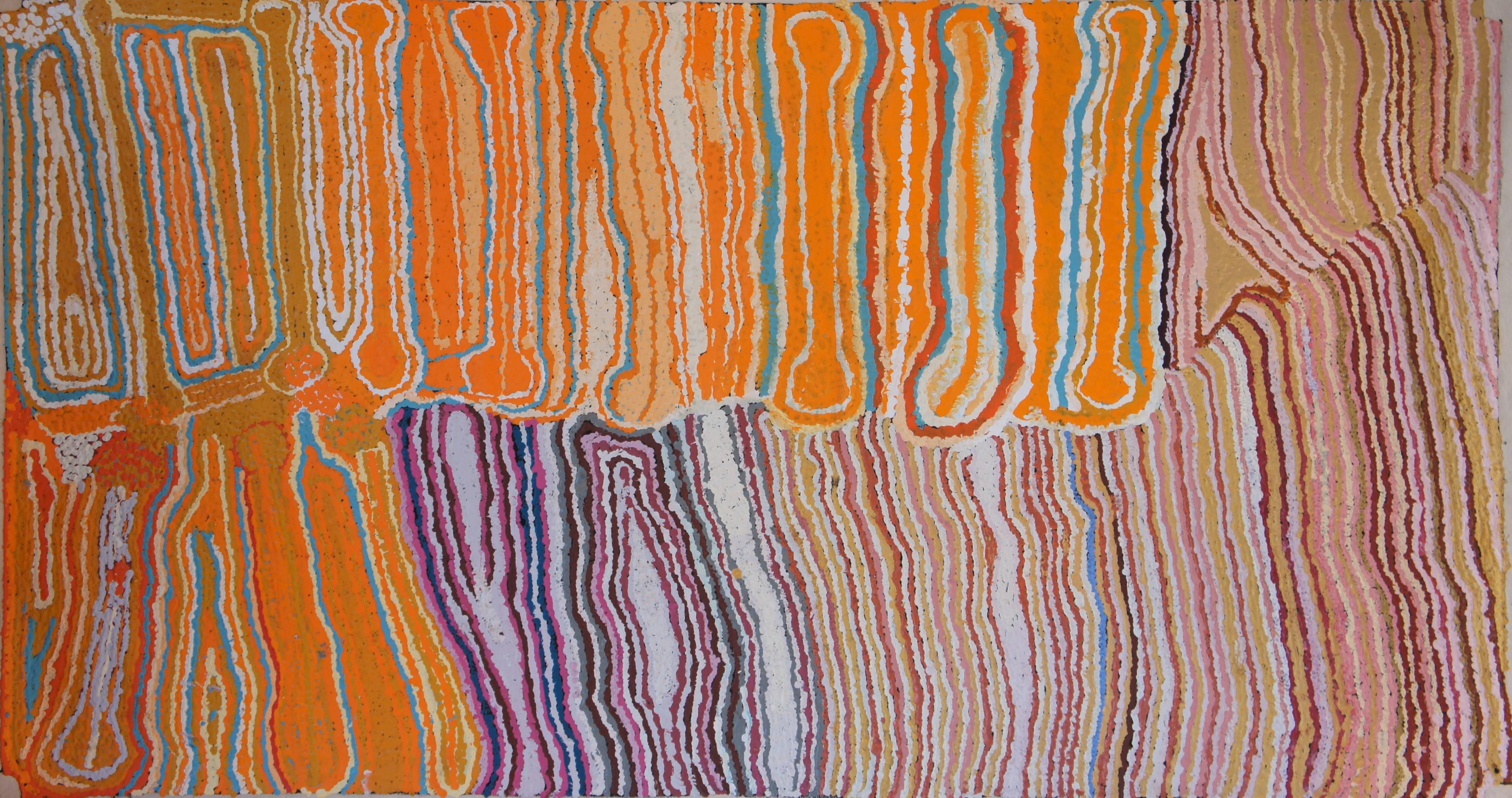 This beautiful vibrant painting by Ngamaru Bidu is of a large claypan on the Canning Stock Route in the Kimberley region of Western Australia. The artist travelled through this area when she was younger and still loves to go back and