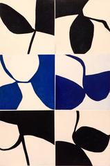 "New Alphabet 37", graphic abstract aquatint monotype, blacks, blues.