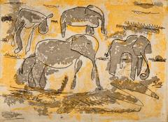 "Elephant Family", African landscape etching, aquatint, yellow, grey, black.