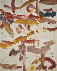 Landscape #7, gestural, abstract, painterly monotype red,blue, yellow, ochre.