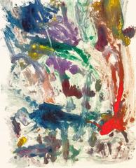 "Landscape #24", gestural, abstract, painterly monotype red, green, blue, yellow