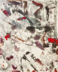 Landscape #25, gestural, abstract, painterly monotype red, violet, gray, black.