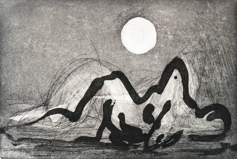 Paul Resika Figurative Print - "Sleeping With The Moon", abstract landscape etching, aquatint, reclining nude.