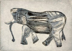 "African Elephant", wildlife animal etching, aquatint print, gray and black.