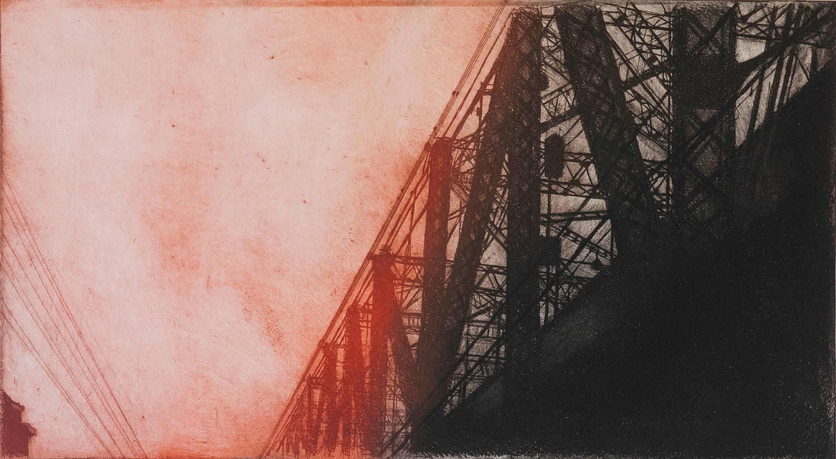 Steve Stankiewicz Landscape Print - "Queensboro Bridge 5", urban landscape etching, aquatint, black, red. New York.