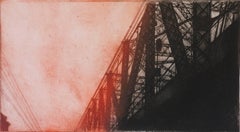 "Queensboro Bridge 5", urban landscape etching, aquatint, black, red. New York.