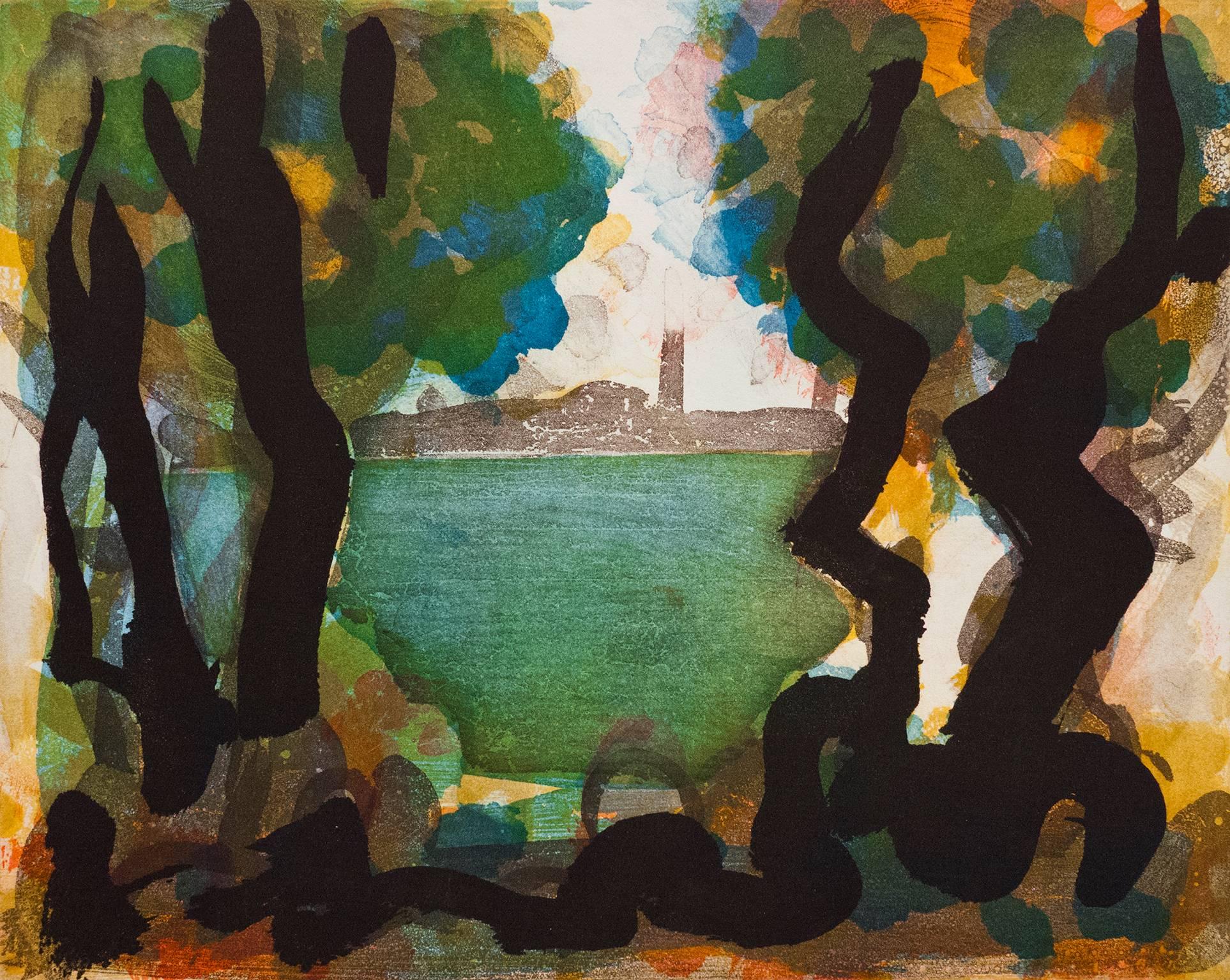 Paul Resika Landscape Print - Through The Trees (March), abstract seascape color etching, Cape Cod.