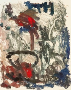 Landscape #30, gestural, abstract, painterly monotype, red, grey, blue, ochre.