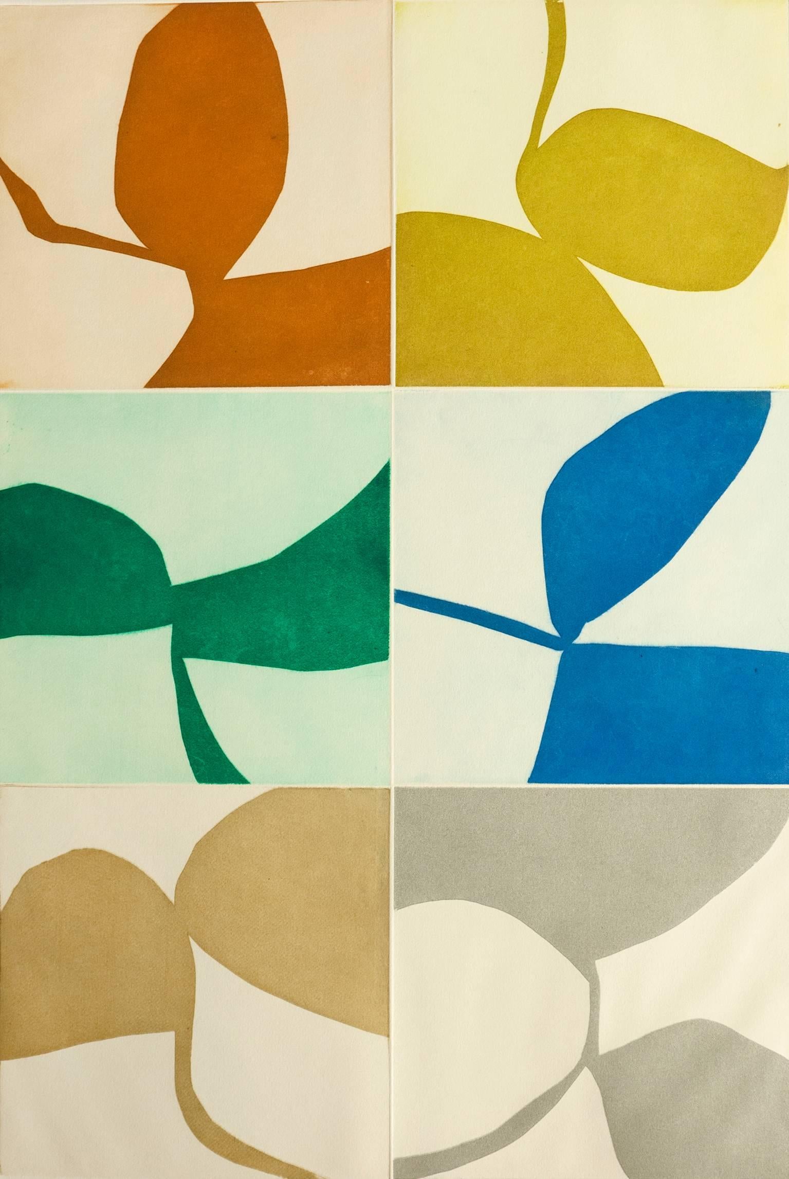 Marina Adams Abstract Print - New Alphabet 4, graphic abstract aquatint monotype, earth tones, green, blue.