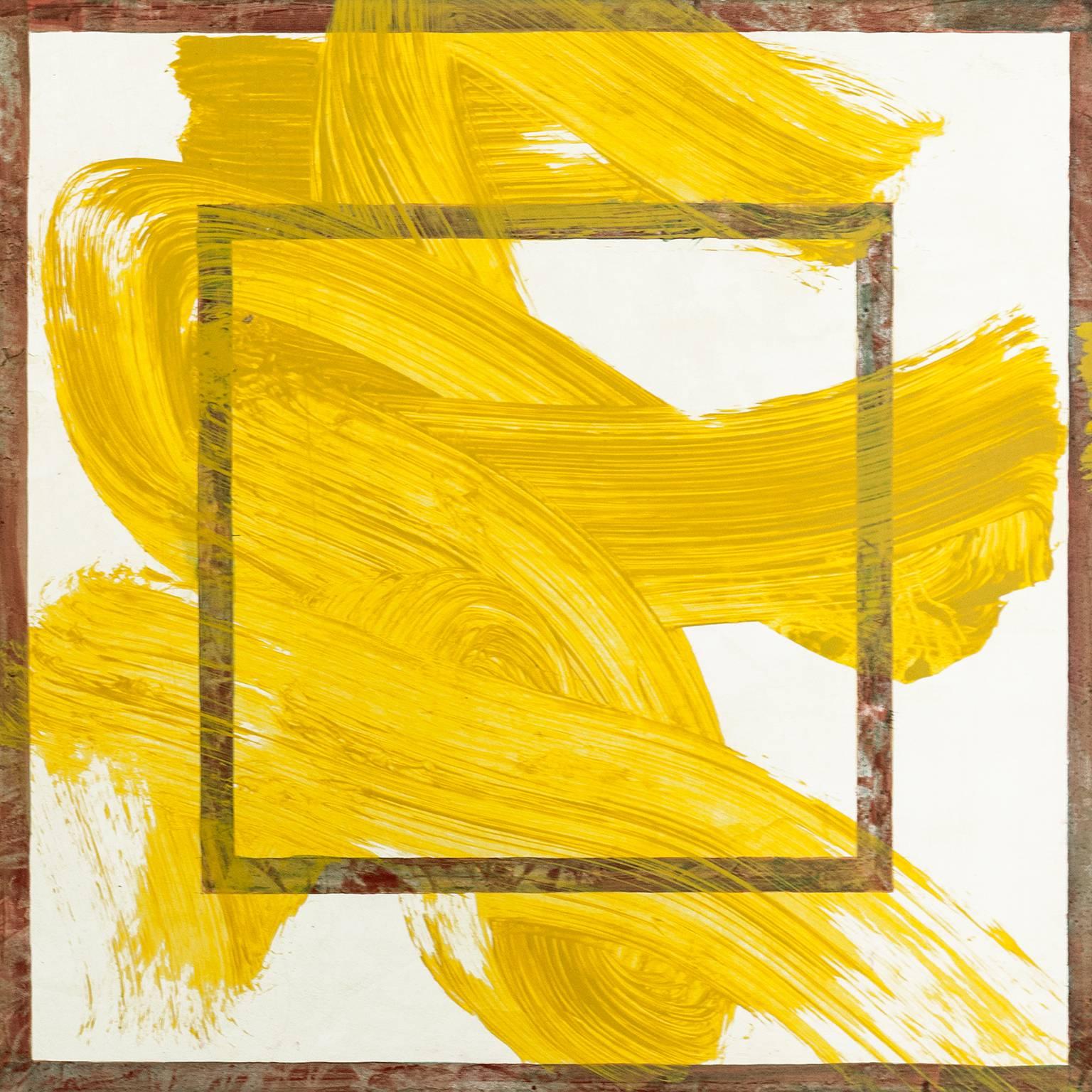 "REO 3", expressionistic painting on paper, geometric, yellow, deep red. - Art by Joseph Haske
