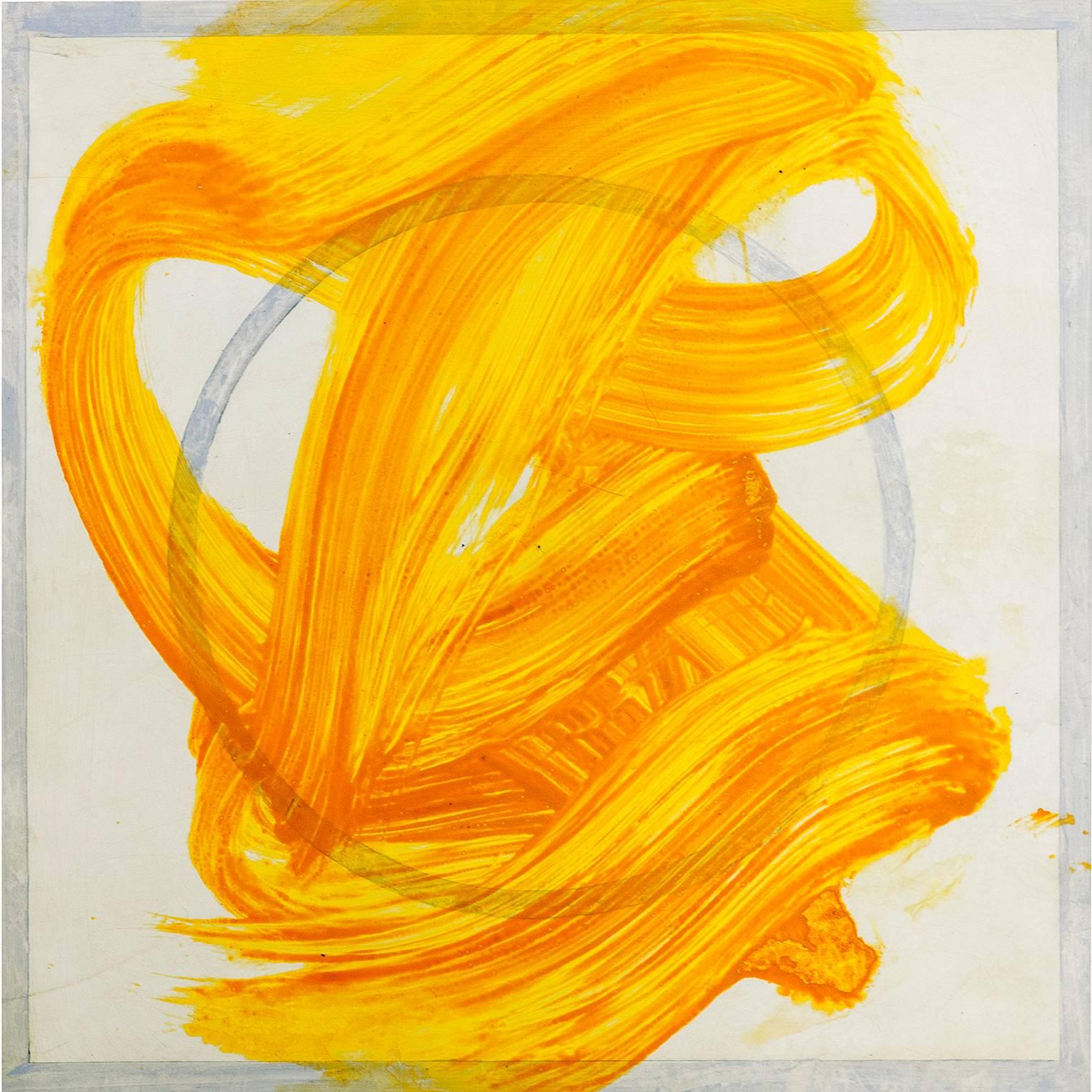 "REO 2", expressionistic painting on paper, geometric, yellow orange, blue grey. - Art by Joseph Haske