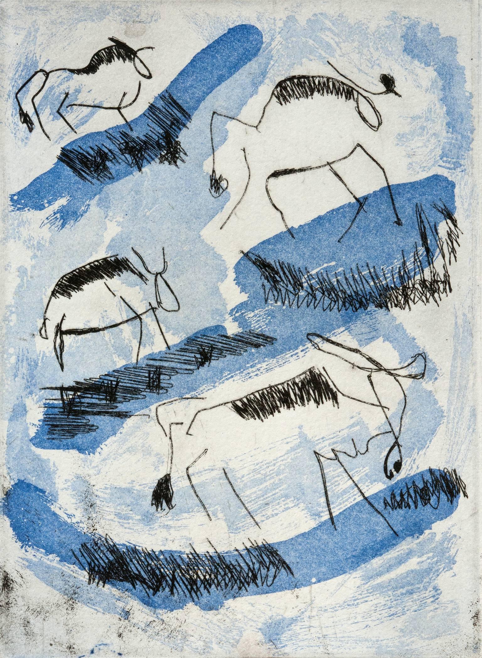 David Marell Animal Print - Wildebeast Migration, African wildlife, safari, etching, aquatint, blue, black.