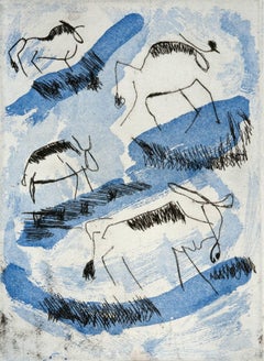 Wildebeast Migration, African wildlife, safari, etching, aquatint, blue, black.