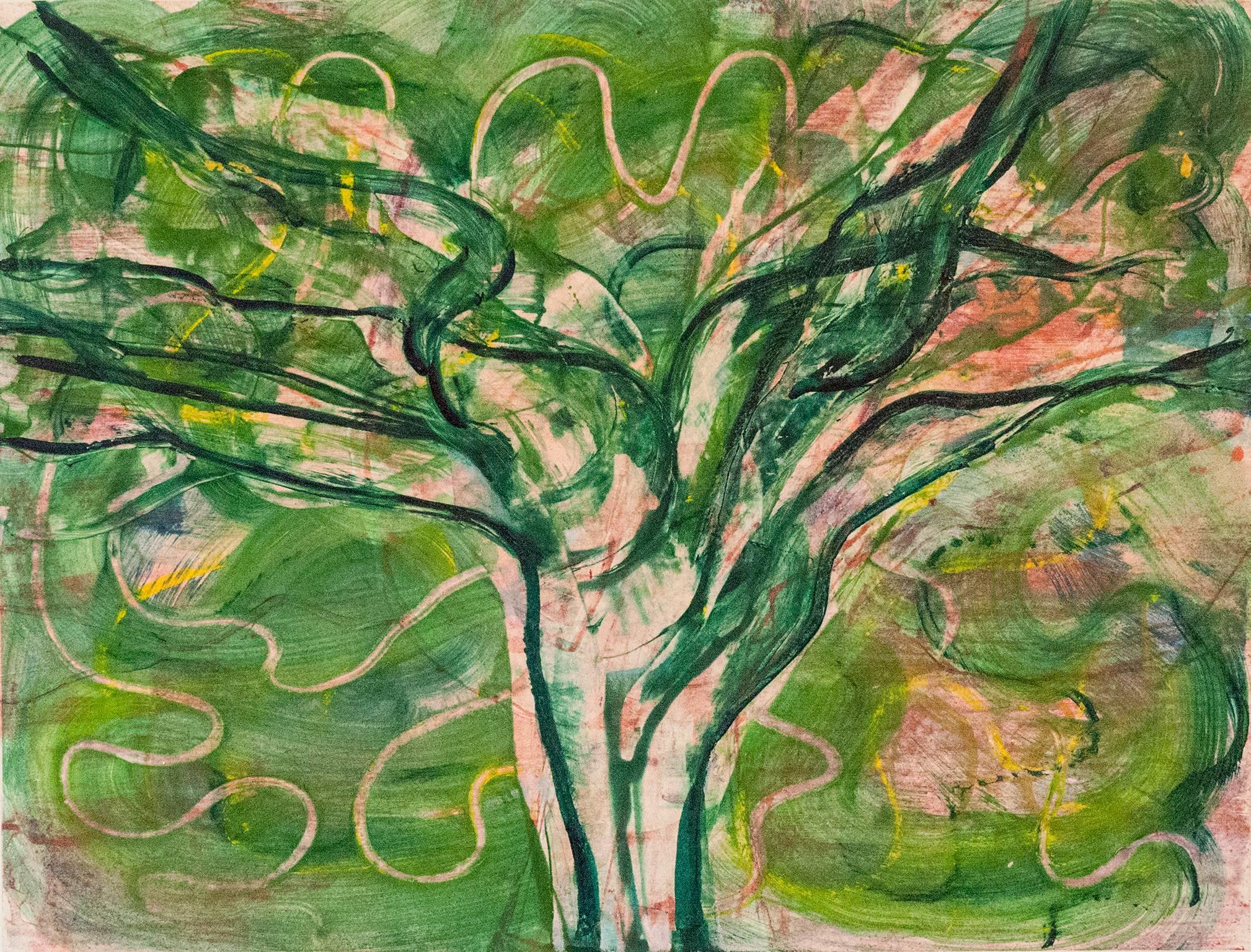 Deborah Freedman Landscape Print - "Imagined Possibilities 12", abstract tree monoprint, green, pink, ochre tones.
