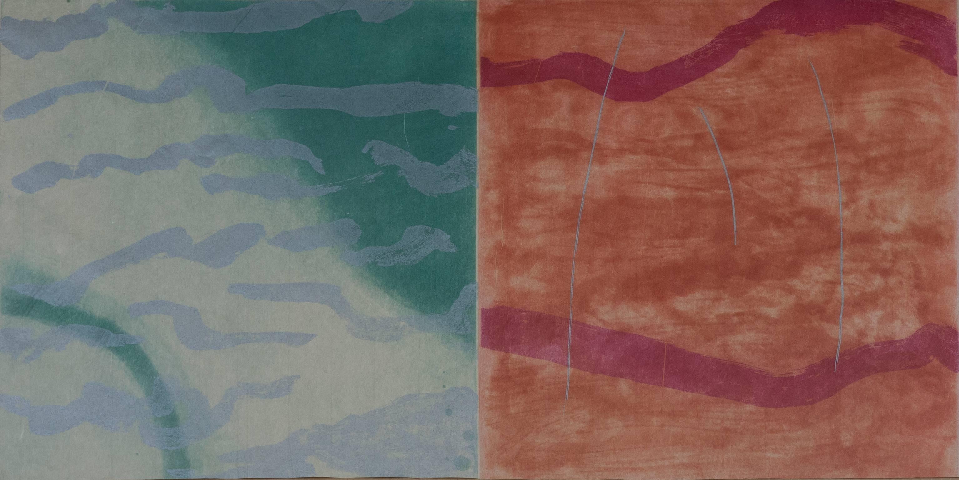 Kumi Korf Abstract Print - "Radiation Swim State 1", abstract Japanese landscape monoprint, silver, green.