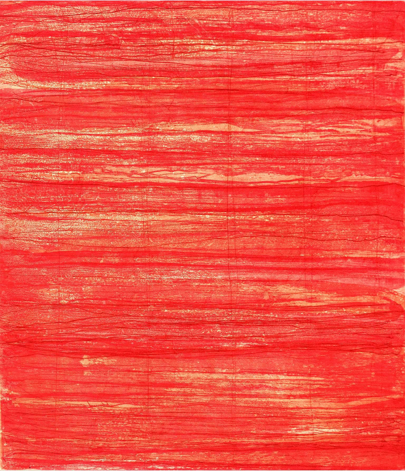 Emily Berger Abstract Print - Bound Brook One, painterly abstract aquatint monoprint, red, orange, vermillion.