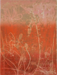 "In The Red Dawn, Two", abstract landscape monoprint, layered red, pink, ochre.