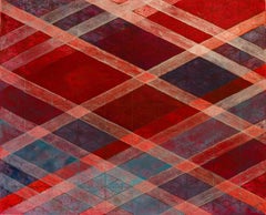 "Intersections/Skies 13", abstract geometric print, red, orange, silver, blue.