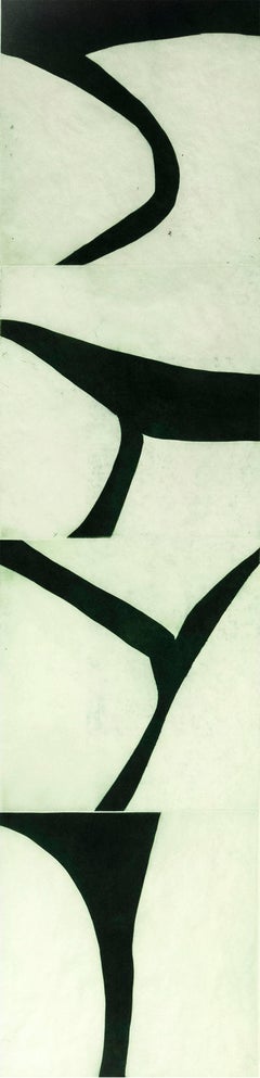 "Terre Verte 10", graphic modernist scroll-like abstract monoprint, deep green.