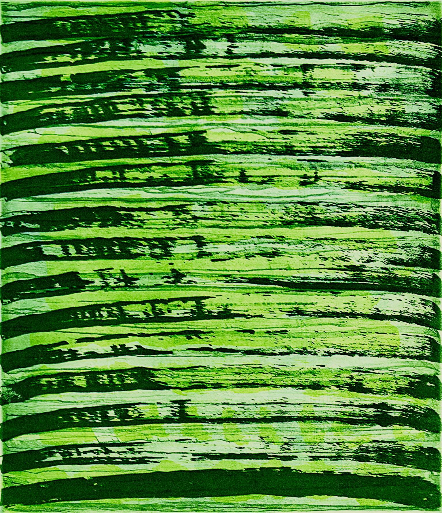 Emily Berger Abstract Print - "October 26", painterly abstract aquatint monoprint, yellow, green tones.