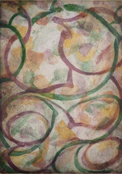 "Festina Lente II", abstract aquatint, sugarlift print, green, red, yellow.