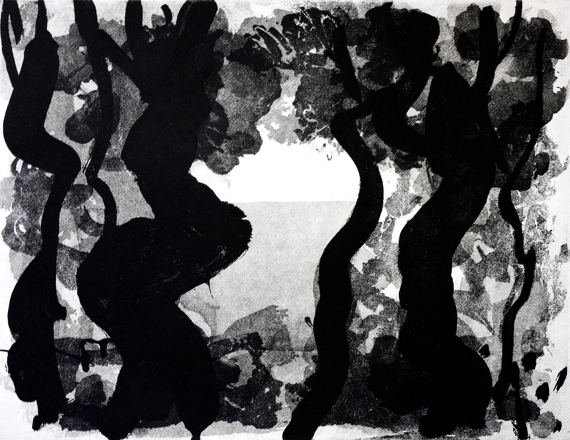 Paul Resika Landscape Print - Though the Trees (black and white), abstract seascape aquatint print, Cape Cod.