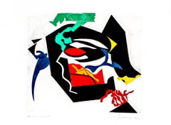 Used "Studious Silence", abstract modernist monoprint, black, green, yellow, red.